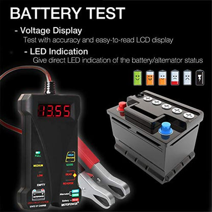 MOTOPOWER MP0514A 12V Digital Car Battery Tester Voltmeter and Charging System Analyzer with LCD Display and LED Indication - Black Rubber Paint