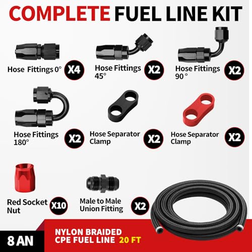 8AN Fuel Line Kit, AN8 Nylon Braided CPE Fuel Line Hose 20FT With Swivel Hose End Fitting, Red Socket Nut, Hose Separator Clamps & Male to Male Adapters - color: Black & Red, size: 8AN 20FT