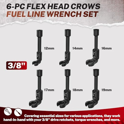 BILITOOLS 6PCS Long Flex Head Crows Foot Line Wrench Set 3/8" Drive - style: Long Flex Head Wrench Set