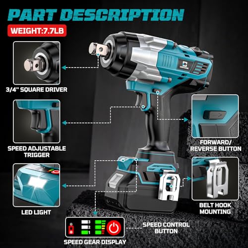 Cordless Impact Wrench 3/4 inch Compatible with Makita 18V Battery, Cerycose1850ft-lbs (2500N.m) Brushless Electric Impact Gun, High Torque Impact Driver, for Heavy-Duty Automotive & Industrial Tasks - size: 3/4inch, style: 3/4 inch compatible with Makita
