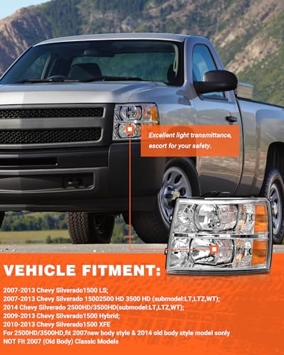 for 2007-2014 Chevy Silverado Headlights Chrome Housing - color: A-Chrome Housing Amber Reflector