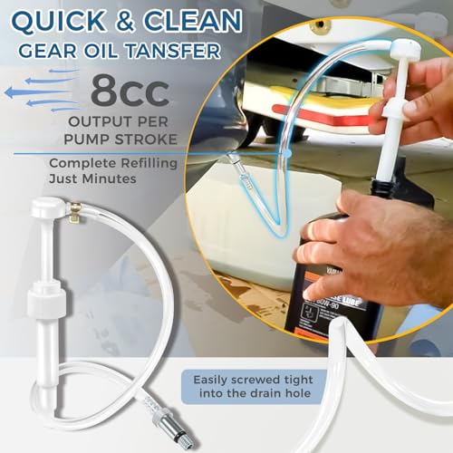 Lower Unit Gear Oil Pump for Standard Quart Bottle, 8cc Manual Fluid Pump Comes with 3 Generic Swivel Adapters, Fit for Mercury, Yamaha, Suzuki & More Outboard Quart Bottle Fluid Pump