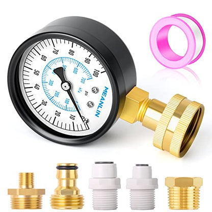 MEANLIN MEASURE 0~100Psi 3/4" Female Water Pressure Kit Plus 5 adapters, 2.5" FACE DIAL Multi-Purpose Pressure Gauge Kit, Hydraulic Tester,Suitable for Gardens, Water Pipes, etc - color: Black, size: 0-100Psi (With Fittings)