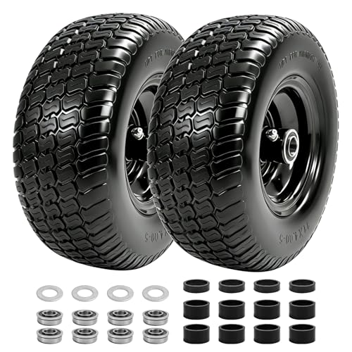 11x4.00-5 Flat Free Lawn Mower Tires and Wheel,Zero Turn Lawn Mower Replacement Tires,11x4-5 Solid Tractor Turf Tire with 3.4" Centered Hub, 3/4" & 5/8" & 1/2" Bushings (2-Pack) - size: 11x4-5 Flat Free Tire(Black Rim)
