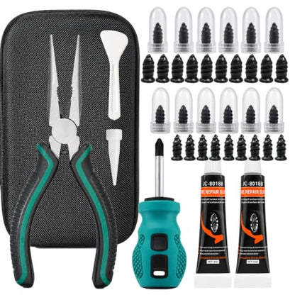 Tire Repair Screws Kit, Screw in Tire Plugs for Emergency Puncture Repair, Rubber Nail Screw in Tire Plug Kit with Pliers, Screwdriver & Rubber Cement for Tubeless Tires - color: Version C
