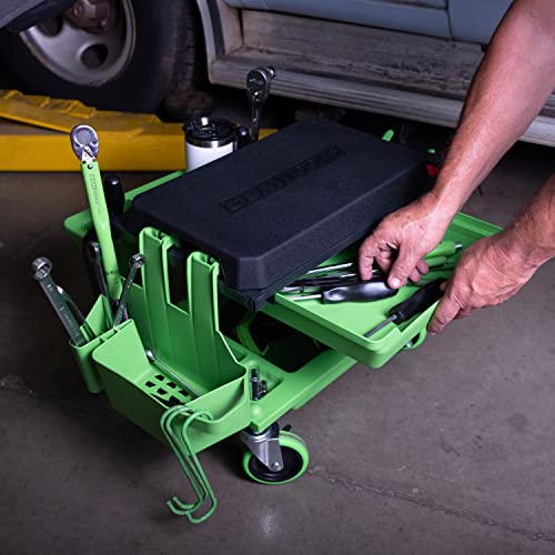 OEMTOOLS Sidekick Rolling Mechanic Stool – 5 Tool Trays, Cushioned Seat, 330 lb Capacity (Green)