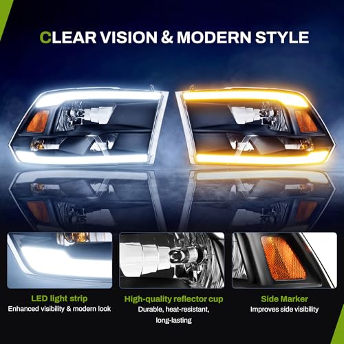 AUTOSAVER88 LED DRL Switchback Headlight Assembly Compatible with 2009-2018 Dodge Ram 1500 2500 3500/2019-2022 Ram 1500 Classic Replacement Headlamp Black Housing Clear Lens (Only for Quad Models) - color: LED Switchback - Black/Amber/Clear