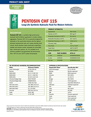 Pentosin 1405116 CHF 11S Long-Life Synthetic Hydraulic Fluid for Audi, Bentley, BMW, Chrysler, Dodge, Jeep, Mercedes-Benz, Mini, Porsche, Saab, Volkswagen, Volvo, and More; 1 Liter