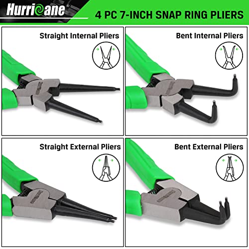 HURRICANE 4 Pieces Snap Ring Pliers Set, 7 Inch Internal & External Circlip Pliers Kit, CR-V Straight & Bent Jaw Pliers, Ideal for Ring Remover Retaining and Remove Hoses, with Portable Storage Pouch