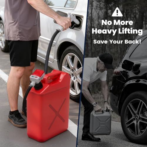 HCALORY Fuel Transfer Pump with Manual Hand Trigger Nozzle, 3.2 Gallon per Min Safe & Portable Gas Can Pump, USB-C & AA Battery Powered, Rubber 51" Hose & 4 Adapters for Gasoline, Diesel, Oil,Kerosene