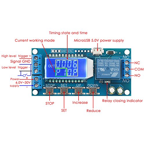 DROK Timer Relay - 5V/12V/24V Time Delay Relay Switch Delay-Off Cycle Timer 0.01s-9999mins with LCD Display Support Micro USB 5V Power Supply - color: Blue, size: 1pcs