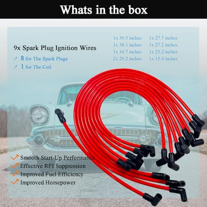 10mm High Performance Spark Plug Wire Set Compatible with Chevy SBC BBC 305 350 454 Electronic V8 Engine with HEI Distributor