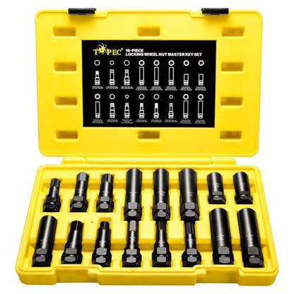 Topec 16-Piece Locking Lug Nut Master Key Set | 5, 6, 7, 12 Spline Socket Set, Star and Internal Hex Style Lug Nut Key Set, CR-MO Steel (Not for Hex, Deep, Large-Size, and 10-Spline)