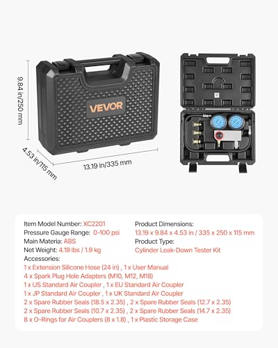 VEVOR Engine Cylinder Compression Tester Kit, Pressure Gauge Range of 0-100 PSI, Automotive Leak Down Tester Kit with 4 Adapters & Air Fittings, Pressure Check & Leakage Rate Test on Cars, Motorcycles