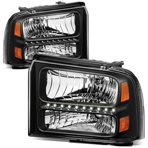 Auto Dynasty LED DRL Headlights for 2005 2006 2007 Ford F250 F350 F450 F550 - color: Black Housing Amber Corner