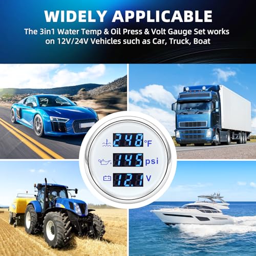 MH Triple Gauge Set - Water Temp (104°F-248°F), Oil Pressure (0-145PSI), Voltmeter (9-32V), Blue Backlight AUTO Gauge with Sensors 2" 52mm 3-in-1 Boat Marine Meter Kit (White) - color: White