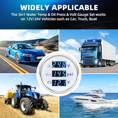 MH Triple Gauge Set - Water Temp (104°F-248°F), Oil Pressure (0-145PSI), Voltmeter (9-32V), Blue Backlight AUTO Gauge with Sensors 2" 52mm 3-in-1 Boat Marine Meter Kit (White) - color: White