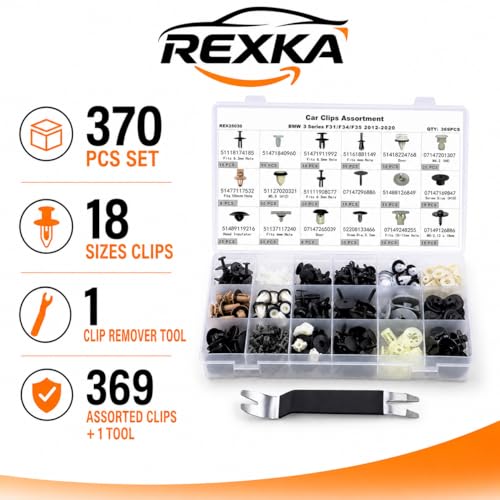 Rexka 370pcs for BMW & Mini Clip Assortment-Underhood, Interior, Exterior Body Fasteners - 3 Series F31 F34 F35-51418224768, 51477117532, 07147201307, 51489119216 - Expanding Rivets, Nuts, Trim Clips - color: Black