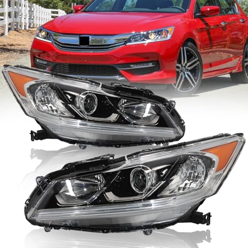Projector Headlight Assembly w/LED DRL Fit for 2016 2017 Honda Accord EX/EX‑L/Sport,Halogen Headlamp OE Style Chrome Housing Amber Reflector Replacement Driver & Passenger Side - size: Driver&Passenger Side