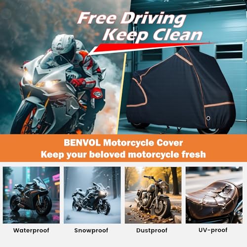 BENVOL 420D Heavy Duty Motorcycle Cover Waterproof Outdoor, 5000mm Rainproof Material Motorbike Cover with 2 Windproof Buckles, Lock Holes & Wide Reflective Strips, Anti-UV Sun Dust Protection - color: Black-XXXL(104*51*51)