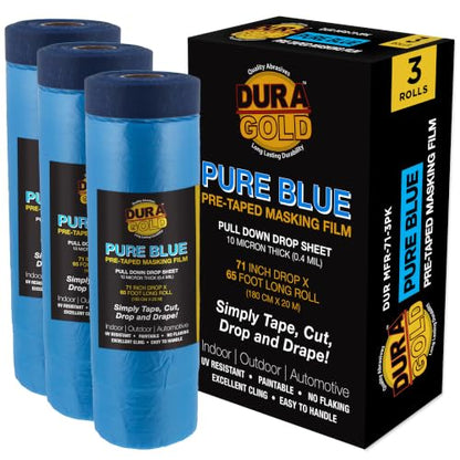 Dura-Gold 71" x 65' Pure Blue Pre-Taped Masking Film, (3 Pack) Painters Plastic Roll (0.4 Mil), Pull Down Drop Sheet, Pre-Taped Plastic Sheeting for Painting Protection on Auto, Walls, Furniture