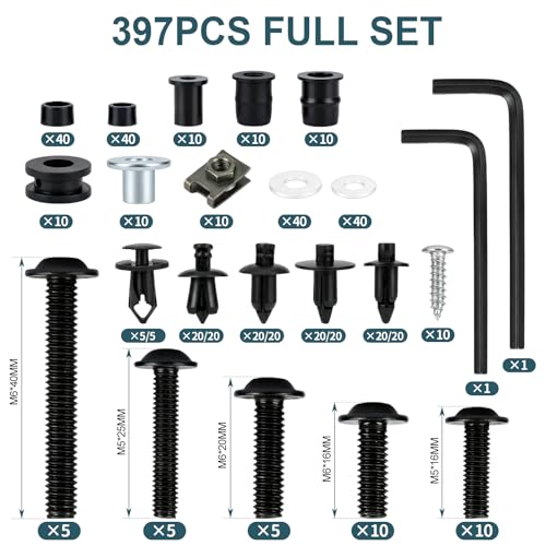397PCS Motorcycle Fairing Bolt Kit, M4 M5 M6 Stainless Steel 304 - color: black