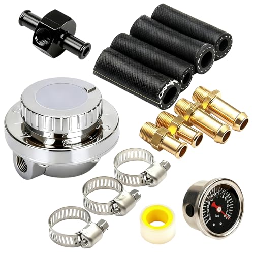 BHB Zinc alloy Universal Fuel Pressure Regulator 1-5 PSI kit Compatible with Single carburetor and dual carburetor with 0-15 PSI scale pressure gauge with rubber hoses steel clamps brass fittings - size: 1-5 PSI+pressure gauge kit