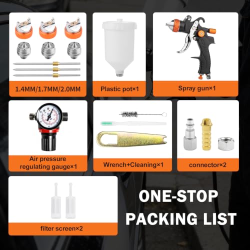Paint Gun, HVLP Spray Gun Kit with Gauge 1.4/1.7/2.0mm Nozzles 600cc - color: Orange