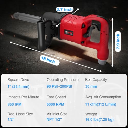 1 Inch Air Impact Wrench, Up to 3000ft-lbs Torque, 5000RPM 1'' Impact Gun - size: 1 Inch | 3000 ft-lbs w/6" Extended Anvil
