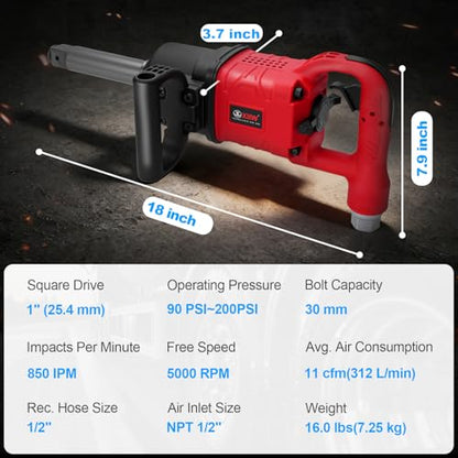 1 Inch Air Impact Wrench, Up to 3000ft-lbs Torque, 5000RPM 1'' Impact Gun - size: 1 Inch | 3000 ft-lbs w/6" Extended Anvil