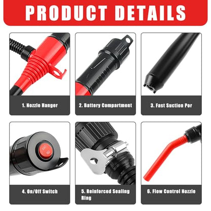 Knoweasy Battery-Powered Transfer Pump, Portable Electric Siphon for Gas, Diesel, Water, 2.2 GPM Flow, 16-Inch Tube Fits 3-5 Gal Cans, Multi-Purpose Fluid Extractor and Oil Mover