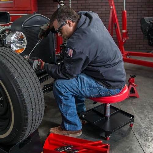 Big RED Rolling Mechanic Stool with Tool Tray, Pneumatic Garage Seat, Adjustable Height Form 17"-22",Storage Workshop Chair for Auto Repair