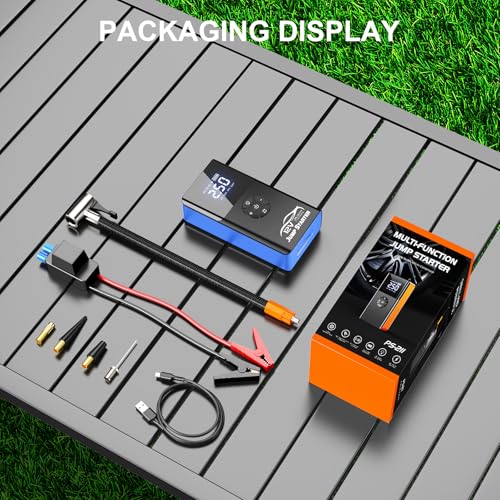 Jump Starter with Air Compressor, 8000A 180PSI, Portable Car Battery Jump Starter (All Gas/12L Diesel) 12V Automobile Jump Box Pack Chargers with Jumper Cables, 4-Mode LED Lights - color: blue