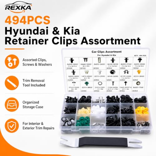 Rexka 494pcs for Hyundai Kia Retainer Clips Assortment - Elantra 2007-2019 - Bumper Cover, Fender Liner, Rocker Molding, Door Panel & Cowl - Replaces 86595-2T500 82315-38000 86590-28000 86590-3S000 - color: 494pcs