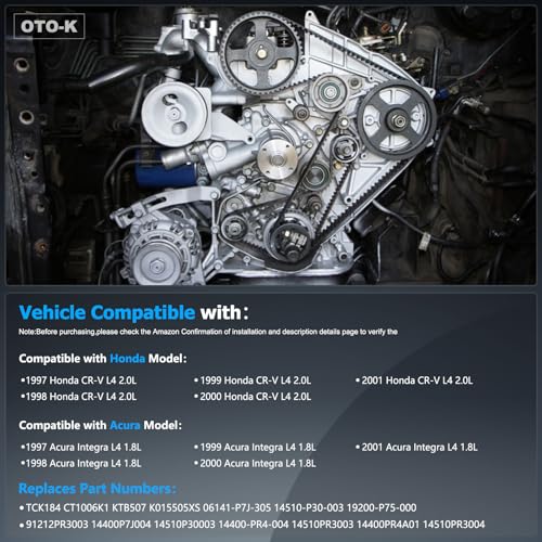 OTO-K Timing Belt Kit with Water Pump Compatible with Honda CR-V CRV 1997-2001 2.0L,Acura Integra 1996-2001 1.8L,DOHC L4,Replace#TKH-014 TCKWP184 TCK184 - size: TKH014