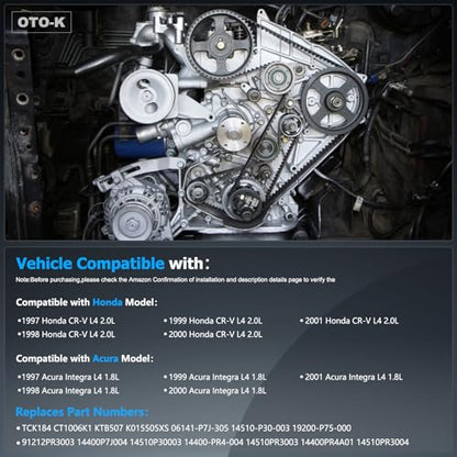 OTO-K Timing Belt Kit with Water Pump Compatible with Honda CR-V CRV 1997-2001 2.0L,Acura Integra 1996-2001 1.8L,DOHC L4,Replace#TKH-014 TCKWP184 TCK184 - size: TKH014