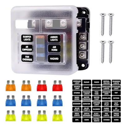 12V Fuse Block, Waterproof 6 Way Fuse Box with LED Indicator for 12V/24V Automotive Golf Cart Truck Car Boat Marine RV Motorcycle - color: 6 Way Fuse Box