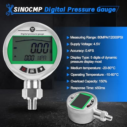 Digital Pressure Gauge Kit with 2 80MPA/12000PSI Pressure Gauges 3 Test Hoses and 12 Couplings Hydraulic Gas Water Pressure Test Kit with Backlight, 1 Year Warranty - color: 80
