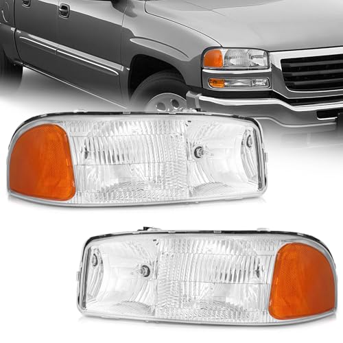 WEELMOTO Halogen Headlights Assembly for 1999-2006 GMC Sierra - color: 3-Clear Lens | Chrome Housing | Amber Reflector, size: OE Replacement