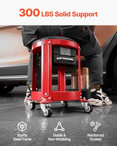 VEVOR Rolling Mechanic Stool with Wheels, 300 lbs Capacity Garage Seat/Work Stool, Padded Roller Creeper Seat with Fixed Height, Tool Tray and 2 Drawers, for Garage, Shop & Auto Repair, Red+Black
