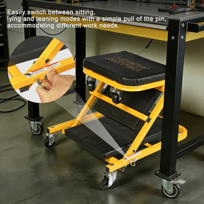 YELLOW JACKET Mechanic Creeper Stool, 40 Inches Extended 2-in-1 Foldable Z-Creeper Rolling Garage Seat with Wheels, Heavy Duty Steel Auto Repair Garage Stool for Shop, 330 LBS Capacity - size: 40 inch