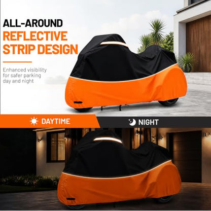 Trike Cover,Waterproof 3 Wheel Motorcycle Cover for Harley Tri Glide,Honda Goldwing Trike,Kawasaki Voyager Trike Accessories,with Adjustable Windproof Buckle,Night Reflective Strips,Black & Orange - size: Trike
