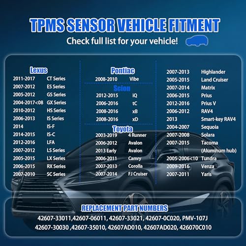 Set of 4 TPMS Sensor 42607-33021 Tire Pressure Monitor Sensor 315MHz Compatible for Toyota Lexus Scion Pontiac Camry Corolla Rav4 Highlander Prius Sienna 4Runner Tacoma Replace#42607-33011 PMV-107J