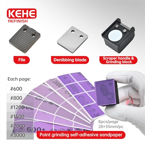 Automobile Spray Paint Point Repair Scraper with Removable Handle,Carbide Tungsten Repair Scraper Tool Paint File for Edge Banding, Denibbing, and Spot Repair - color: Double-hole+handle+box+sandpaper