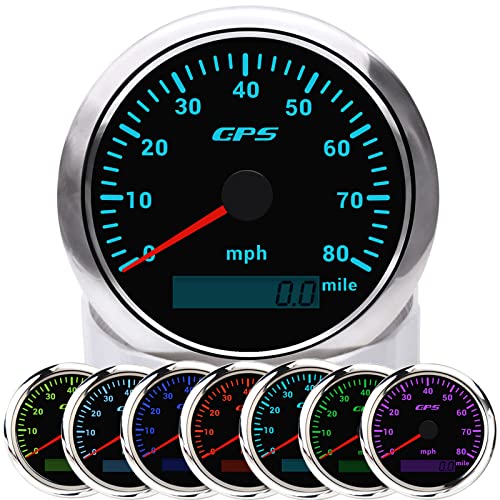 KAOLALI GPS Speedometer 85mm 3-3/8" Car Speedometer Gauge GPS Antenna 0-80 MPH for Car Motorcycle Boat Marine Truck fit 9-32V 7 Colors Backlight - color: 80MPH-Silver