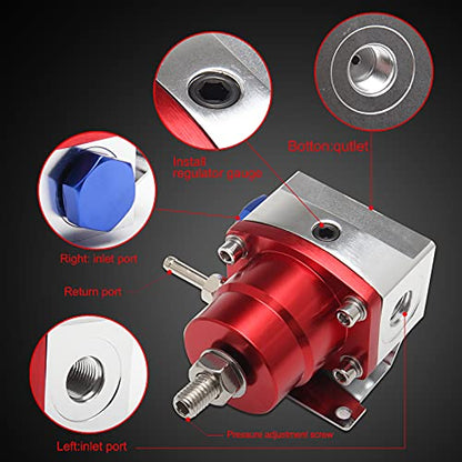 Aluminum Adjustable Universal EFI Fuel Pressure Regulator Kit 30-70psi with Gauge 6AN Fuel Line Hose Fitting Connectors Kit Blue&Red HTRACING - color: Blue&Red