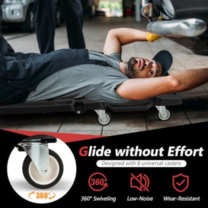 43" Foldable Mechanic Creeper, Heavy Duty Rolling Garage Creeper with Padded Headrest & Tool Trays, Low Profile Automotive Creeper for Garage, Shop & Auto Work Repair, 350 lbs Capacity