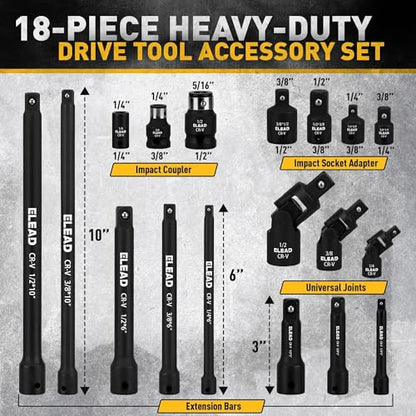 18-Pieces Impact Socket Extension Set: 1/4", 3/8" & 1/2" Drive Socket Extension Bar, Socket Adapter Set, Swivel Universal Joints & Impact Coupler - color: Impact Socket Extension Black