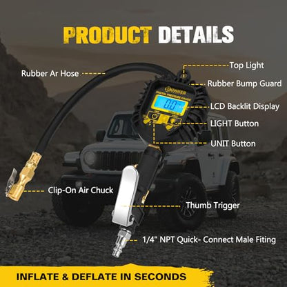 BUNKER INDUST Digital Tire Inflator with Pressure Gauge, Heavy Duty Air Chuck and Compressor Accessories with Built-in Top Light and Quick Connect Coupler, 0-250 PSI