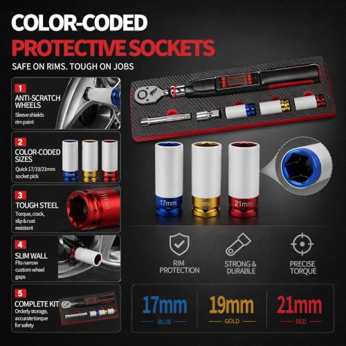 1/2" Digital Torque Wrench Set 6Pcs, 14.7-295Ft-lb(20-400Nm) ±2% Acc, Triple Vib/Beep/LED Alert, 5 Units, Torque Preset, Non-Marring Sockets, Ext Bar, Hard Case, Car Truck RV Tire Suspension Tool